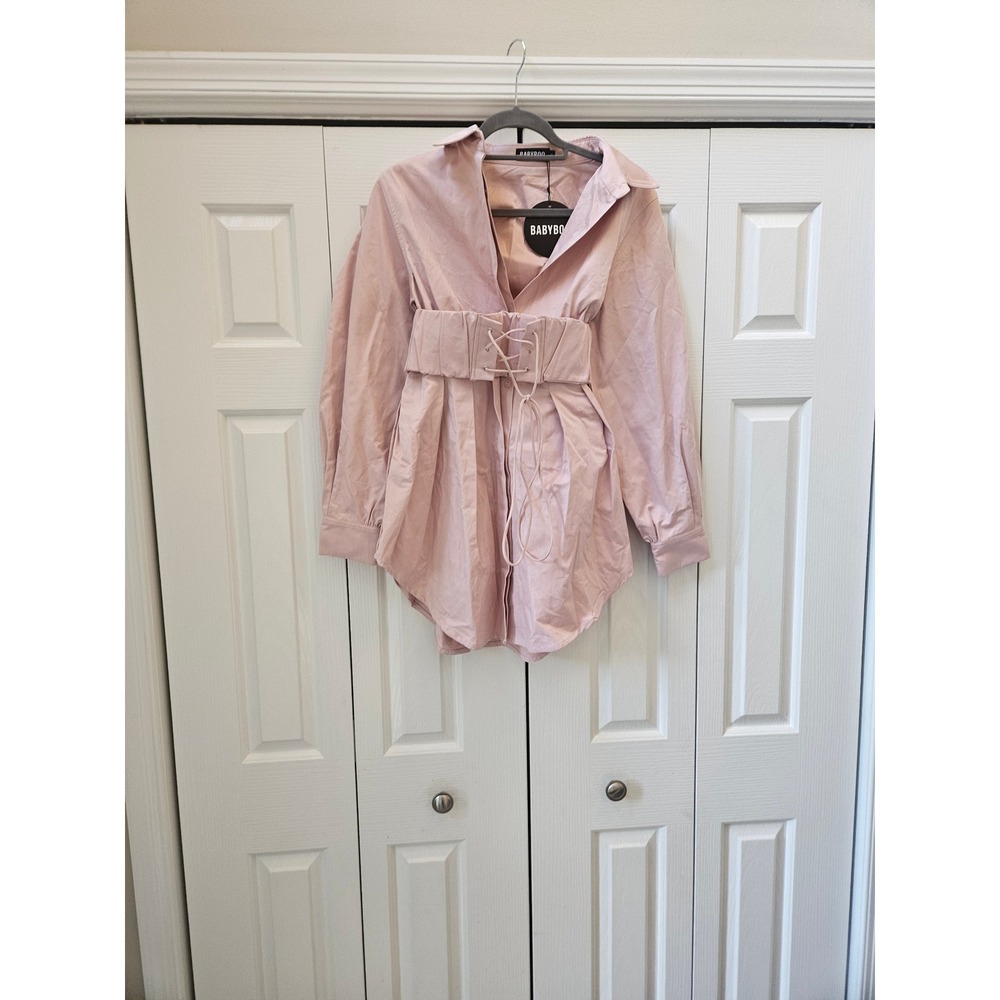 Babyboo Fashion Pink Corset Lace Up Mini Shirt Dress Long Sleeve Collared